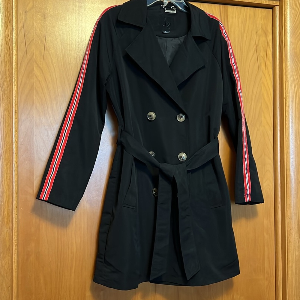 J2 Black Double-Breasted Trench Coat With Striped Sleeves Size Large